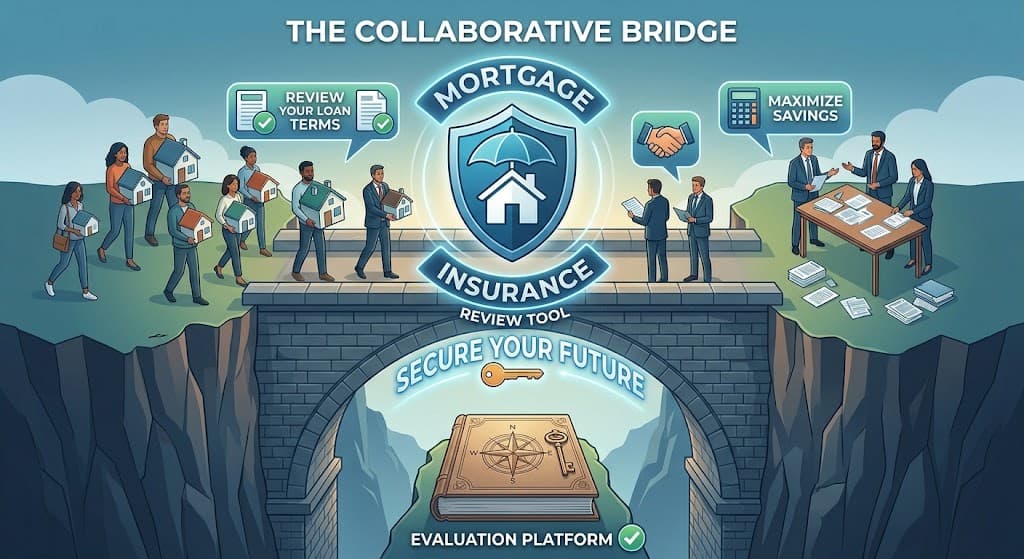 An illustration of a bridge labeled "Mortgage & Insurance Review Tool" connecting homeowners to lenders and insurers, captioned "The Collaborative Bridge" and "Secure Your Future"